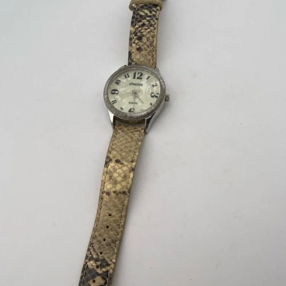 CHICO’S Women's Quartz Watch with Beige Snake-Print Leather Strap. It has a styl